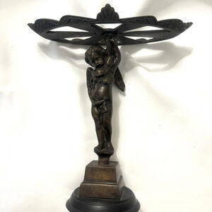 Vintage Metal Winged Angel Boy Stand India Nice Decor Pedestal Collectible